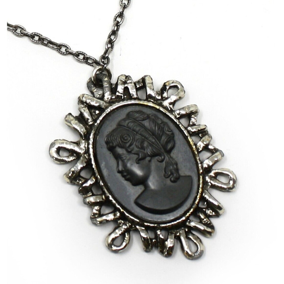 Vintage Large Black Cameo Necklace Chunky Abstract Pendant 24" Chain - Hey Viv - Picture 2 of 7